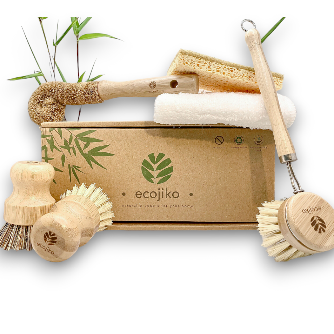 Wooden Bamboo Dish Brush & Cleaning Gift Set | Natural Sustainable Brushes, Cloth and Cellulose Sponge-0