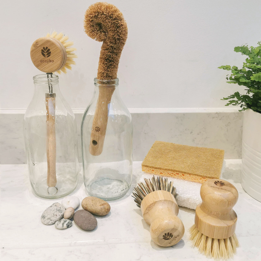 Wooden Bamboo Dish Brush & Cleaning Gift Set | Natural Sustainable Brushes, Cloth and Cellulose Sponge-3